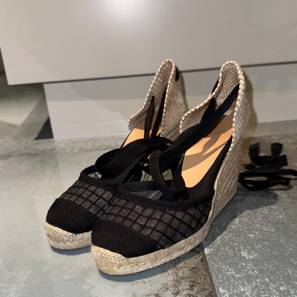 Castaner Black Wedge Espadrilles with wrap around leg ribbon